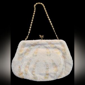 Vintage Cream Beaded Clutch with Gold Chain